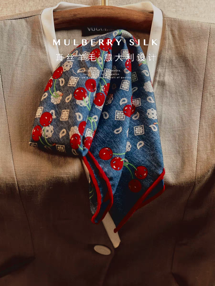 樱桃老花 老钱风真丝羊毛围巾女秋冬季丝毛丝巾高级感系脖方巾65