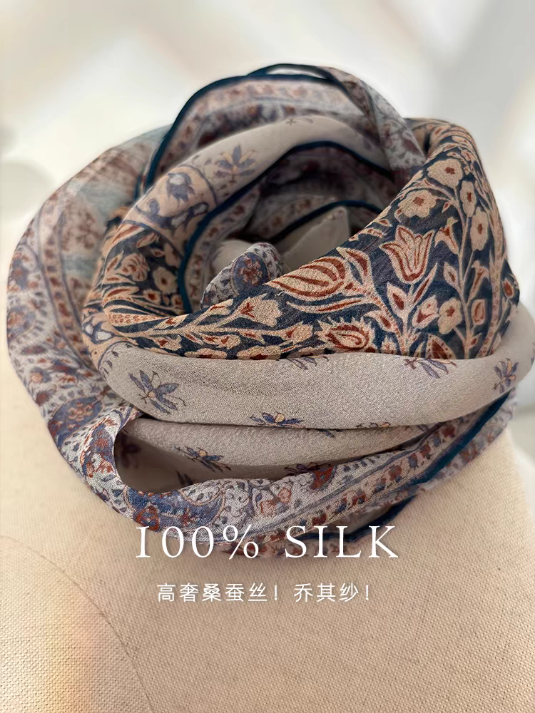 雅致古典风！新款真丝丝巾女春夏乔琪纱多功能桑蚕丝装饰领巾方巾