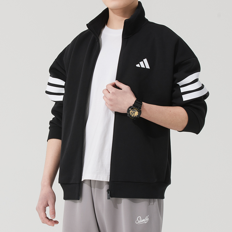 阿迪达斯立领夹克男装春季新款运动服潮流时尚休闲外套三条纹上衣