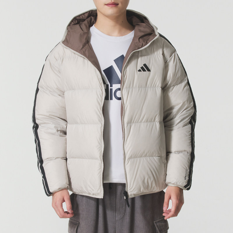 阿迪达斯男士运动服冬季保暖连帽羽绒服双面穿宽松鸭绒户外外套
