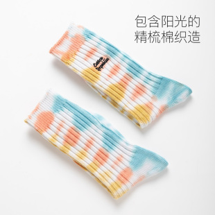 棉花共和国粉蓝渐变扎染粗针情侣款袜i子女春秋中筒长袜潮流韩版