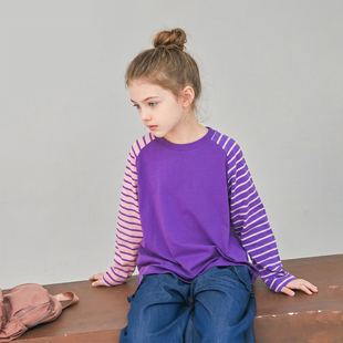 Hello 拼色条纹衣服2026春秋装 女童学生长袖 t恤837 Emily时髦童装