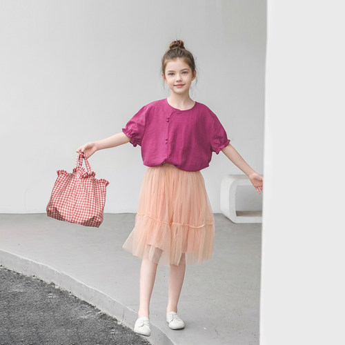 玫红棉麻长袖衣服春夏装女童上衣