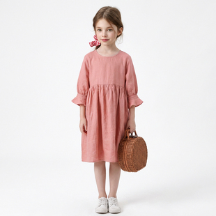Hello Emily童装文艺亚麻粉色裙子2026新款春装女中童公主裙1259