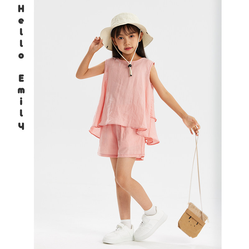 Hello Emily童装洋气粉色夏装女中童两件套4-9岁苎麻背心套装981