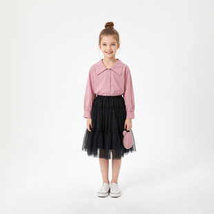 女儿童长袖 Hello 上衣服1253 春装 新款 Emily时髦童装 粉色翻领衬衫