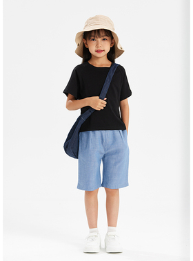 Hello Emily童装自制女中童纯棉t恤夏装黑色显瘦短袖上衣801+566