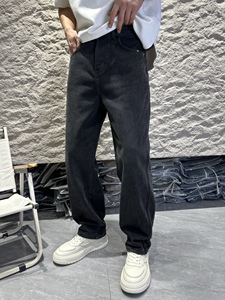 2023秋冬厚款男士磨毛宽松黑色牛仔裤日系复古简约百搭直筒长裤潮