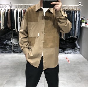 2023秋季男士潮牌拼接撞色宽松长袖衬衫美式休闲工装潮流衬衣外套