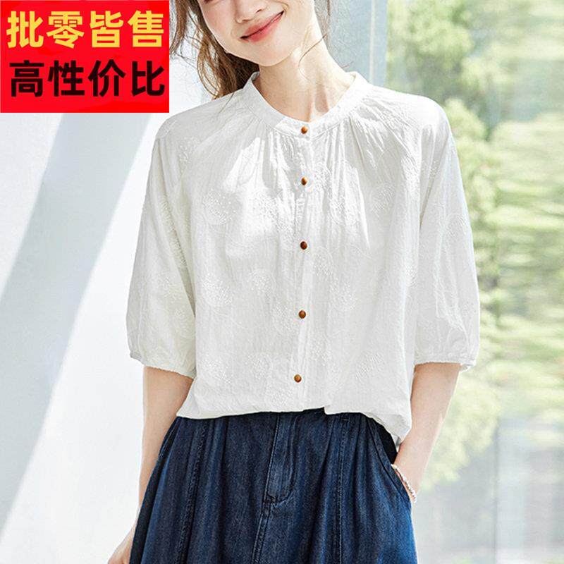 纯棉短袖衬衫女夏季新款宽松显瘦刺绣小众设计感小个子上衣薄T恤