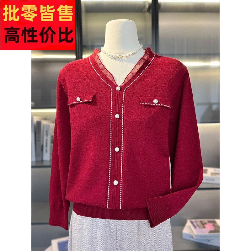 洋派质妈妈V领针织小衫春秋装毛衣中老年人女喜婆婆红色打底上衣