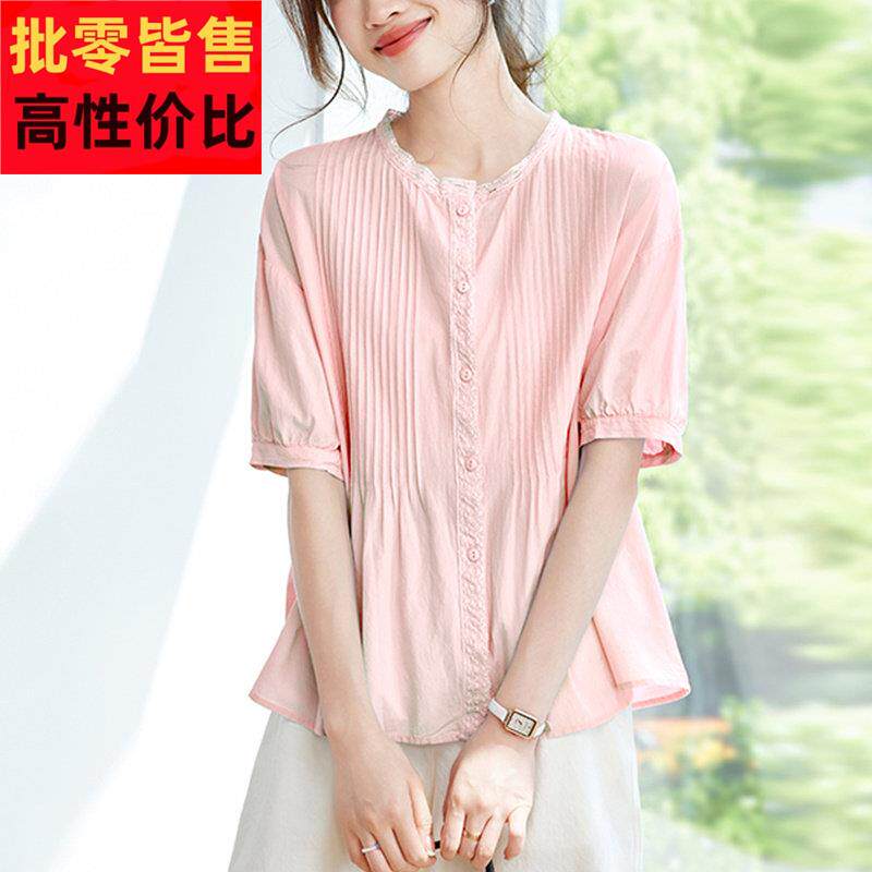 纯棉短袖衬衫女夏季新款宽松显瘦设计感小个子水洗棉上衣薄款T恤