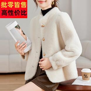 水貂绒皮草大衣外套女开衫短款羊毛衫宽松大码立领单排扣加厚加绒