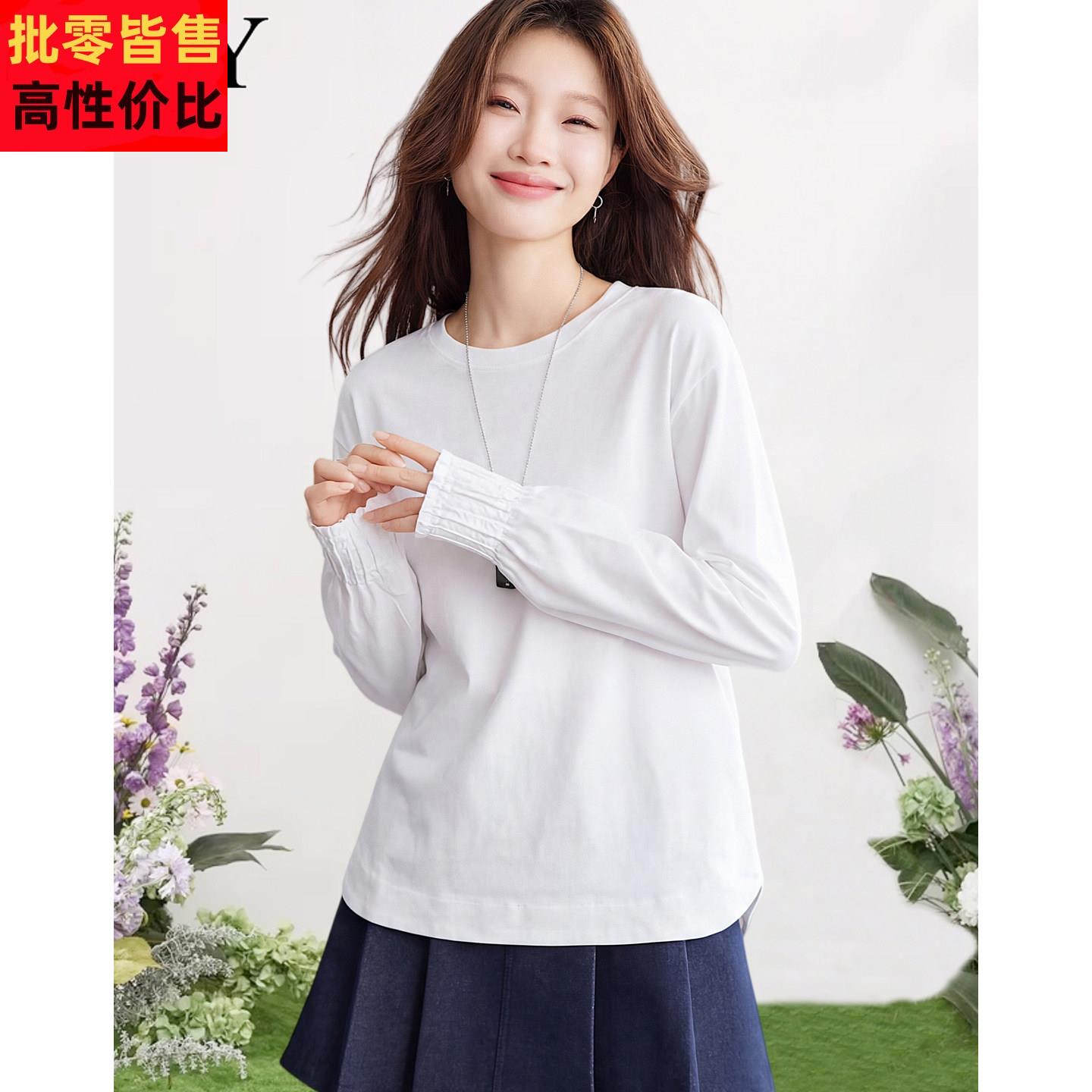 2026春装新款经典圆领白色开叉基础T恤小众宽松打底纯棉上衣女装