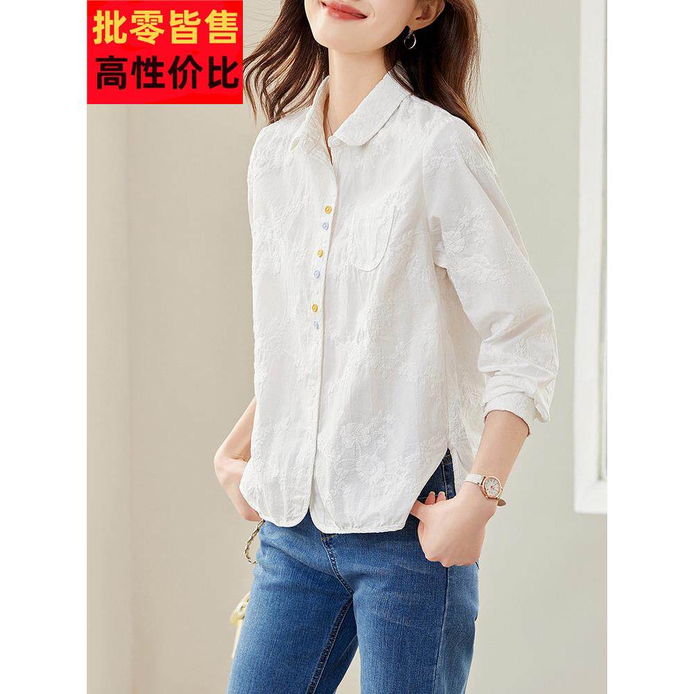 重绣花Polo领棉白色长袖衬衫多用途上衣春天新法国棉衬衫为妇女