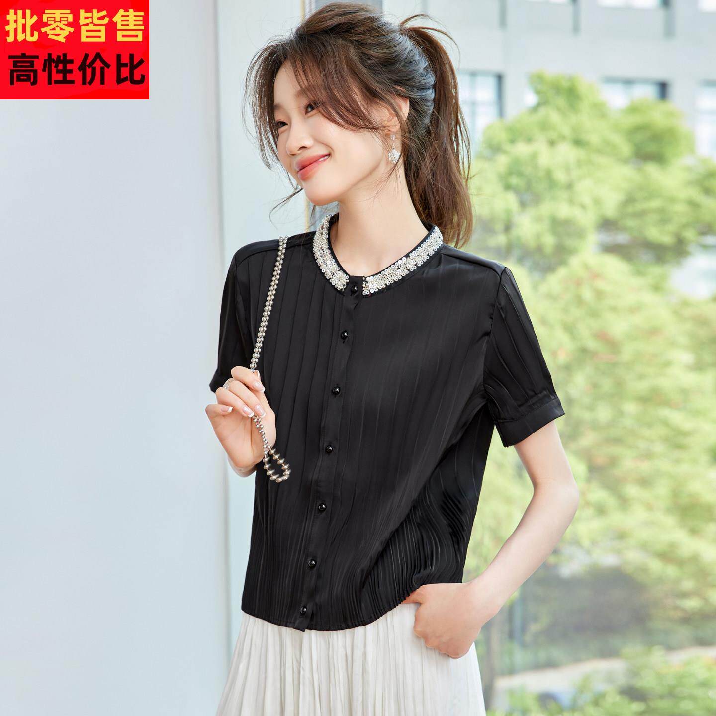 杭州真丝上衣女短袖夏季2025新款爆款衬衫高端品牌黑色桑蚕丝小衫