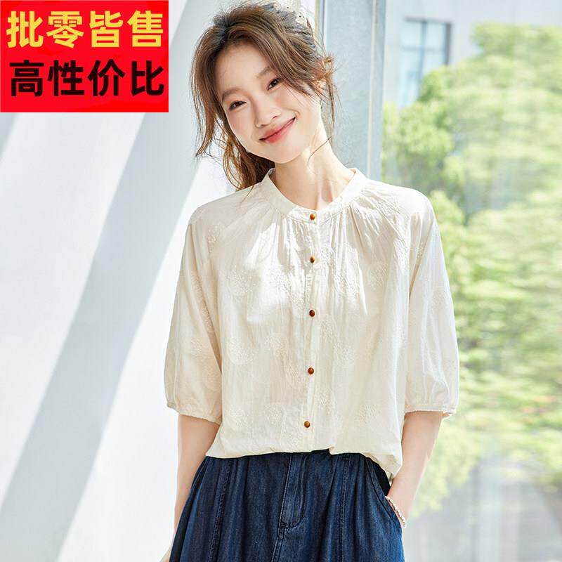 纯棉白色短袖衬衫女上衣夏季薄款轻奢高级感减龄宽松法式白领上衣
