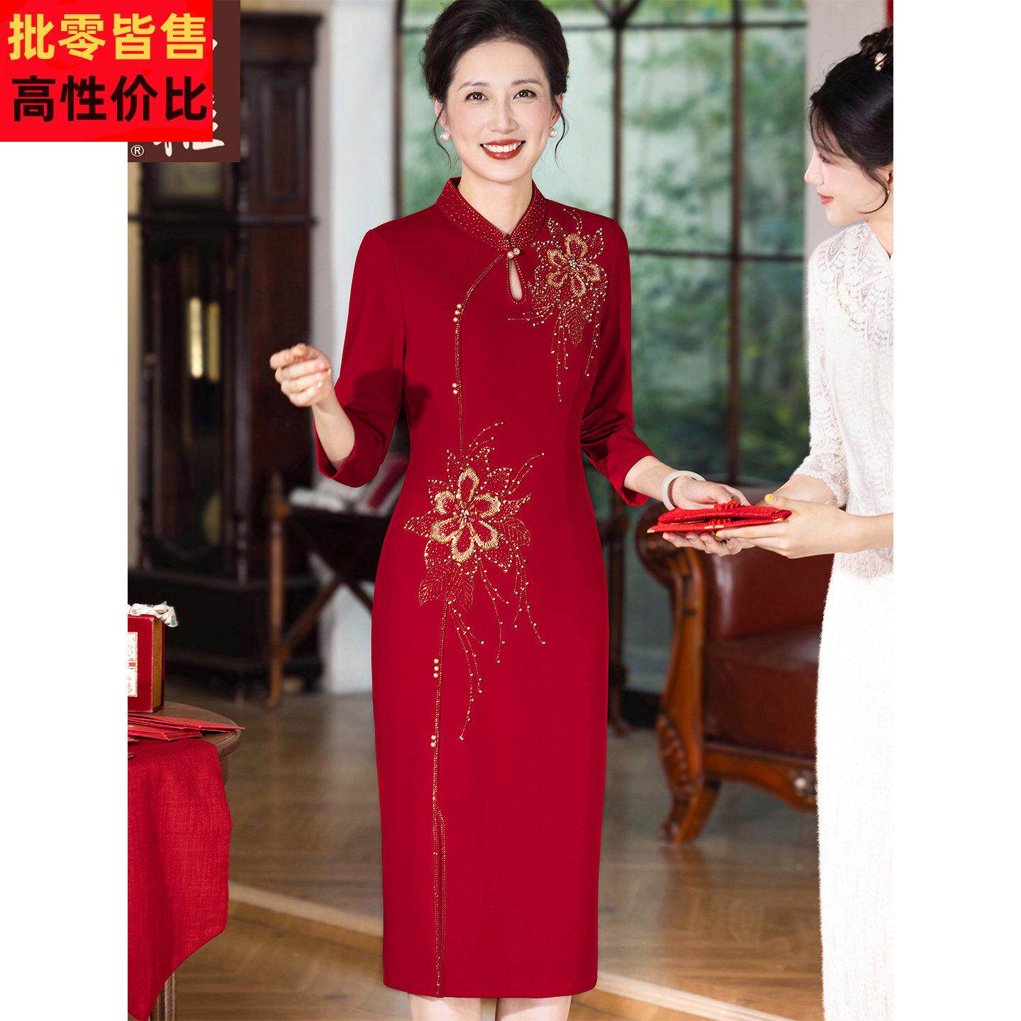 小个子妈妈装婚礼改良旗袍洋装喜婆婆婚宴高贵礼服丈母娘喜服裙