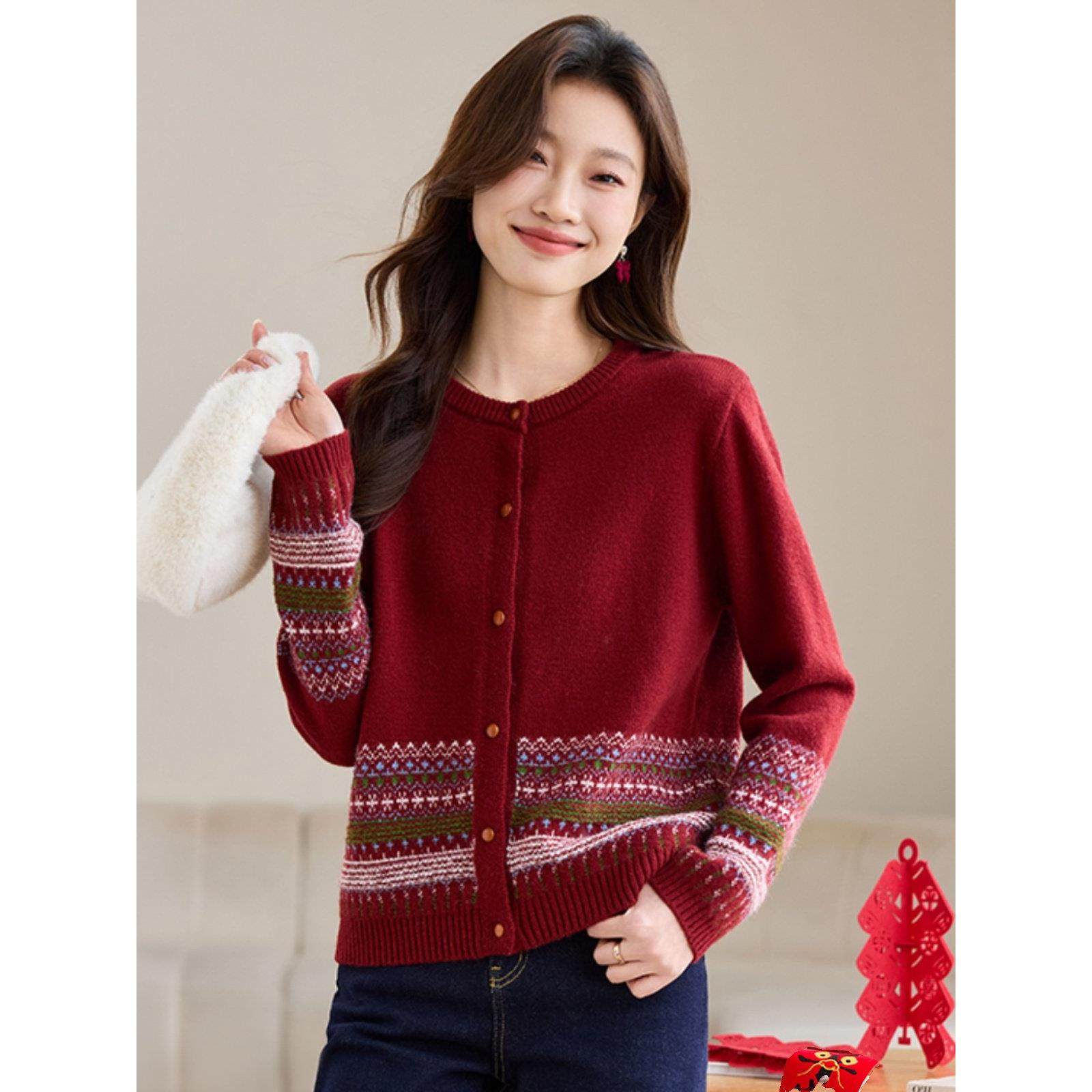 小香风红色毛衣外套女2025新款爆款春秋时尚洋气上衣百搭针织开衫