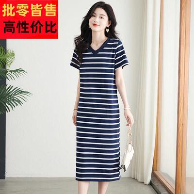 纯棉条纹洋装女夏V领长版过膝短袖t恤裙大尺码休闲 宽松显瘦V领