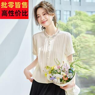杭州真丝蚕桑丝上衣女夏季2025新款爆款轻奢高级感薄款短袖衬衫女