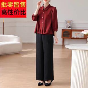 母亲节妈妈夏装衬衫上衣红色礼服小衫女五一喜婆婆婚宴装裤子套装