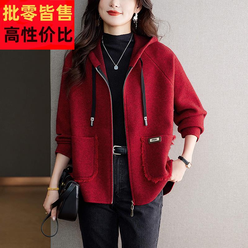 连帽拉链开衫安哥拉红短款外套女宽松羊绒上衣秋冬双面毛呢子大衣