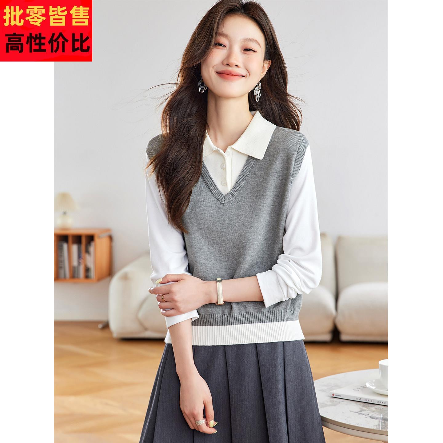 假两件拼色翻领针织衫女2026春季新款设计感超火减龄长袖短款上衣