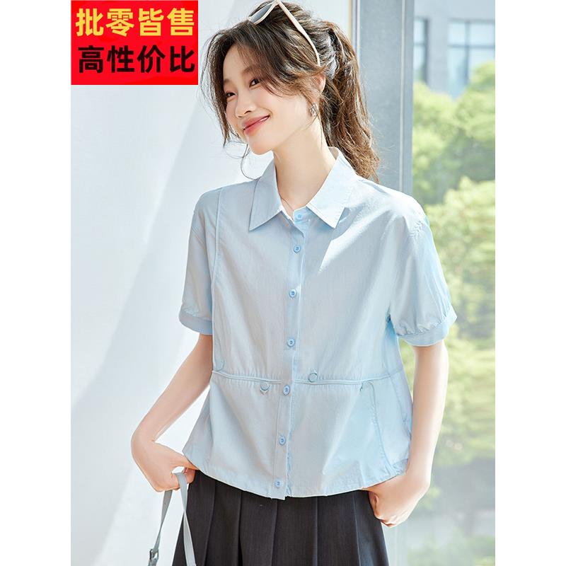 2025新夏季热风格翻领桑蚕丝衬衫女士优雅的丝绸短袖衬衫上衣