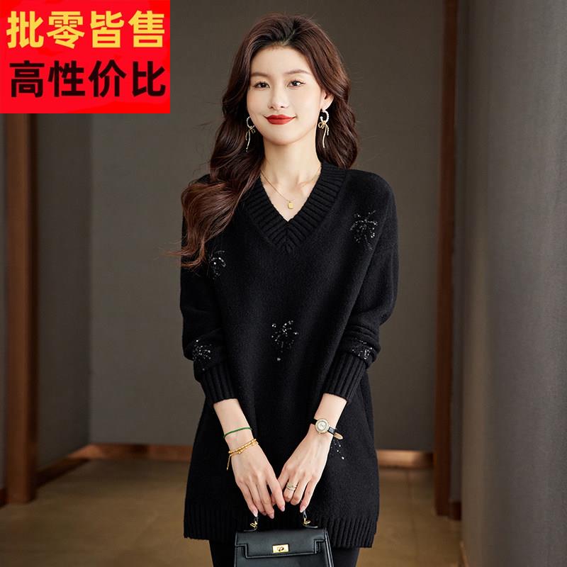 鸡心领毛衣女中长款打底衫毛衣裙镶钻羊毛衫宽松大码女装胖妹妹厚