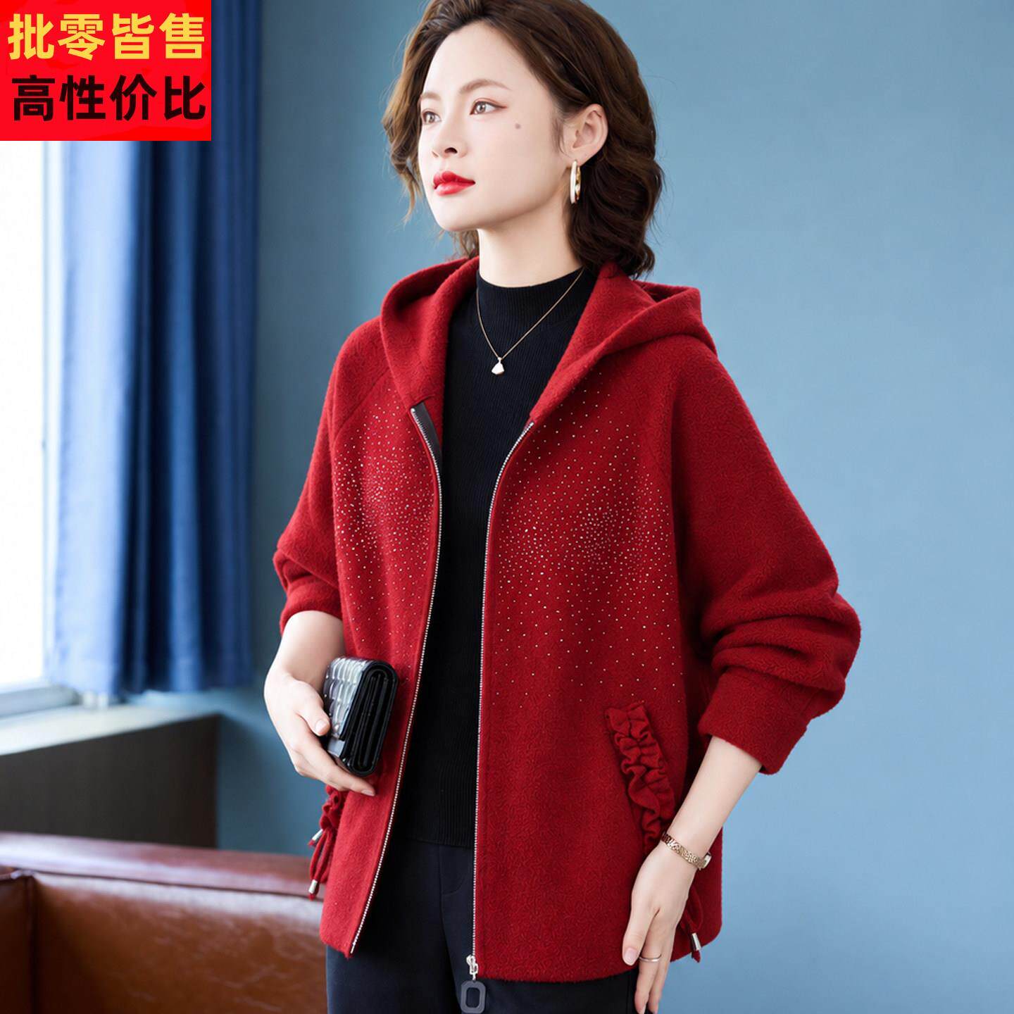 胖妈妈加肥加大码双面羊绒大衣秋冬新款中老年人女装连帽毛呢外套