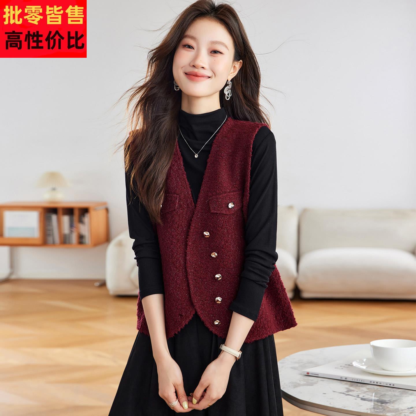 小香风无袖外搭背心女红色2025新款秋季针织叠穿背心时尚马夹外套