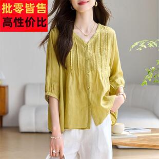 棉麻上衣女装高端棉麻亚麻短袖女2024新款刺绣苎麻五分袖T恤半袖