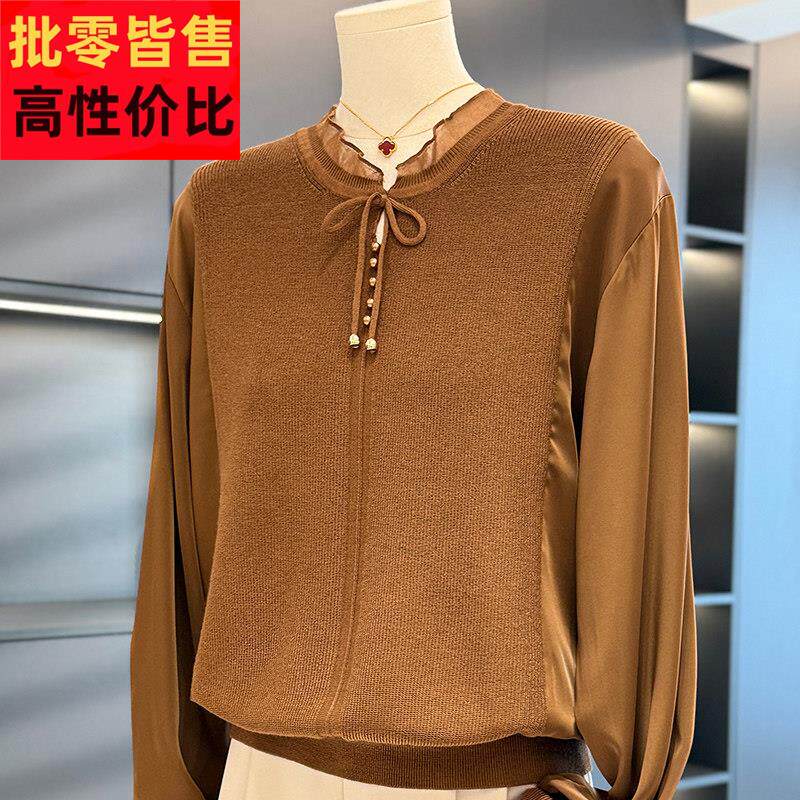 时尚气质妈妈装雪纺拼接针织衫女春装新款上衣减龄洋气中老年打底