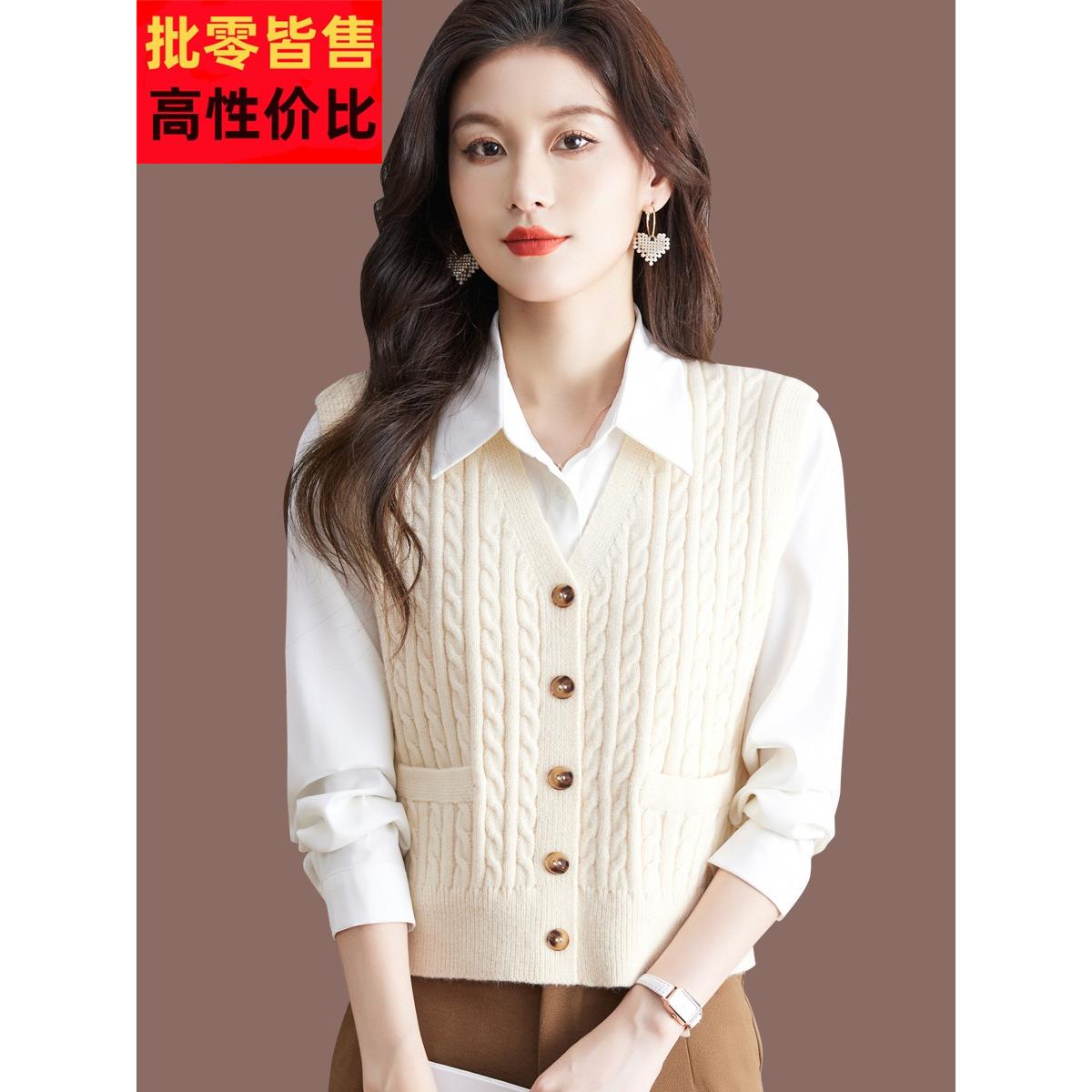 无袖短羊毛针织马甲女式开衫2025新款春秋季外毛衣背心夹克