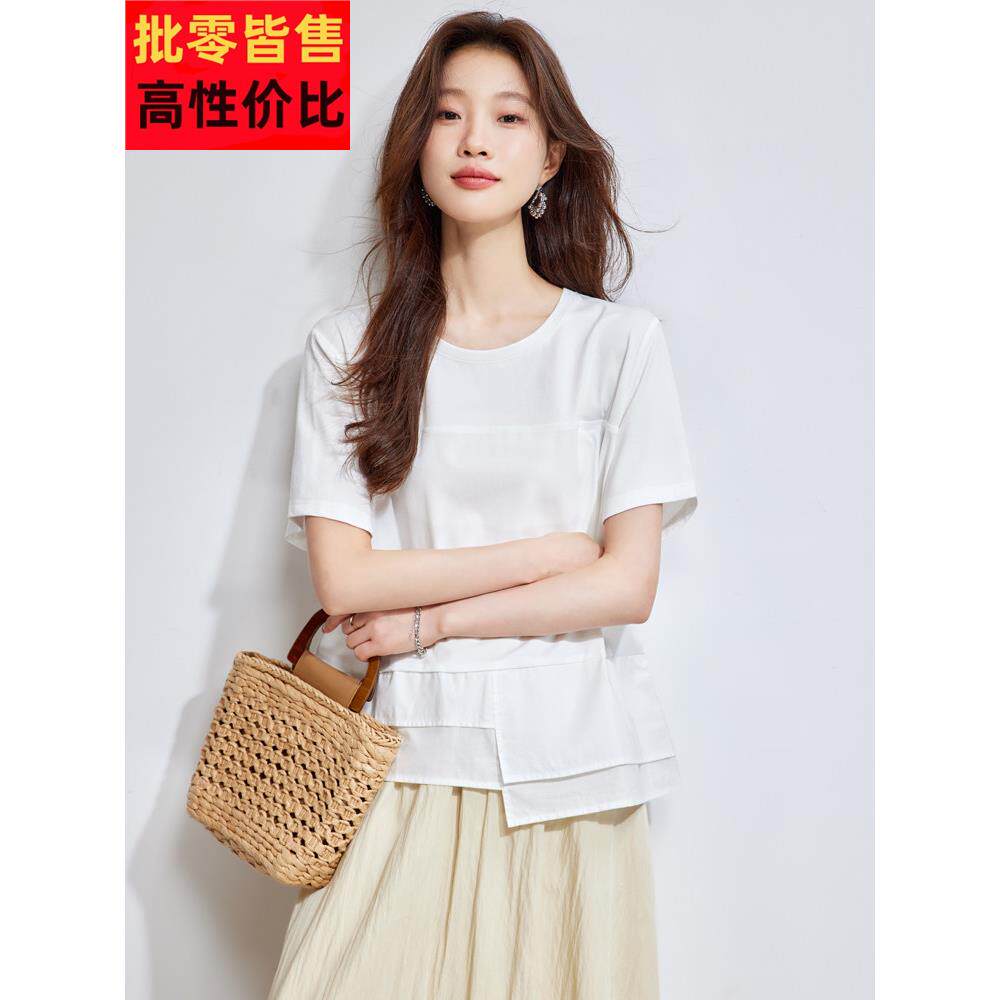 白色短袖女士t恤2025新夏季优雅短款小不对称超级好看的流行上衣