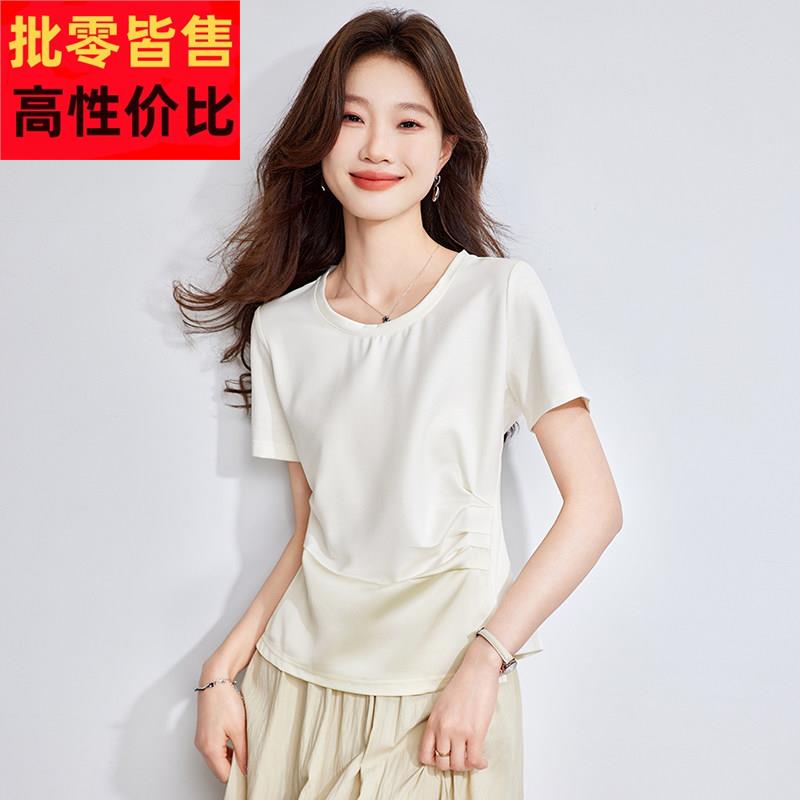 2025夏日新款真丝桑蚕丝短袖腰部抽褶T恤女士设计感小众短款上衣