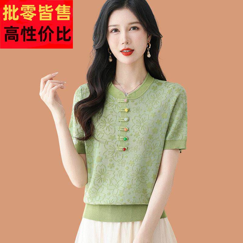 新中式冰丝短袖t恤女2025新款年轻妈妈夏装薄款天丝针织衫短上衣