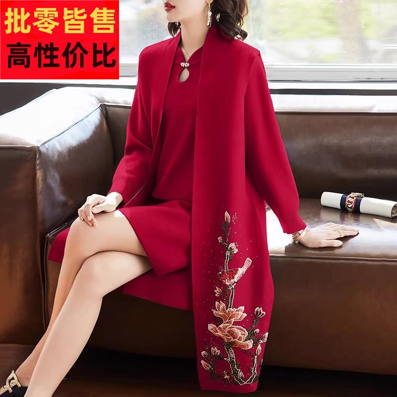 中年妈妈春装洋装两件式套装新款气质风衣中老年女春秋装针织外套
