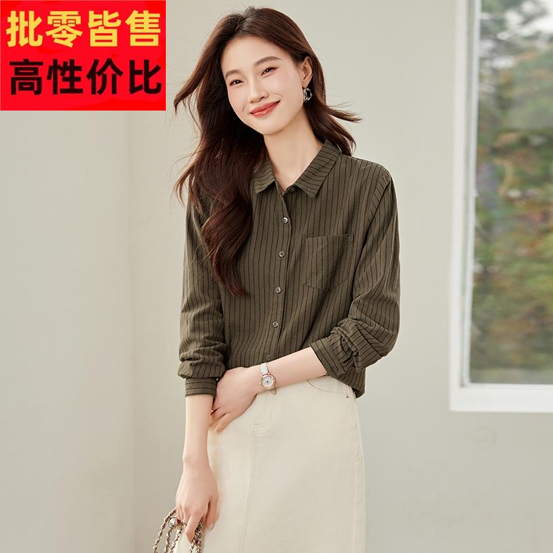 纯棉条纹衬衫女2025春夏季新款休闲简约通勤气质休闲衬衣长袖上衣