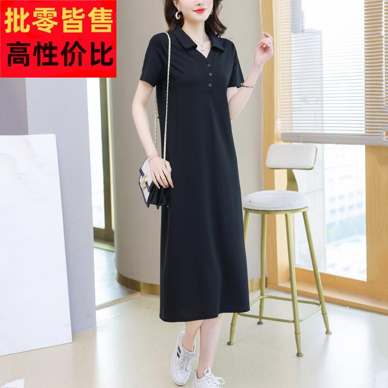 黑色短袖t恤连衣裙女长款大码休闲运动polo领直筒裙夏季2024新款