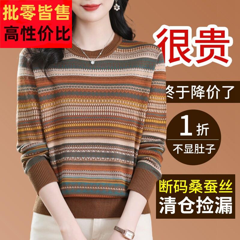 春季新款桑蚕丝长袖t恤女条纹圆领洋气针织上衣妈妈漂亮打底小衫