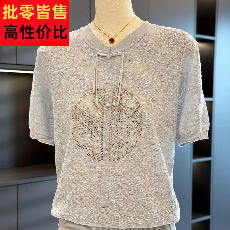 中国风妈妈装针织衫女短袖夏装新款上衣气质小衫减龄中老年T恤衫