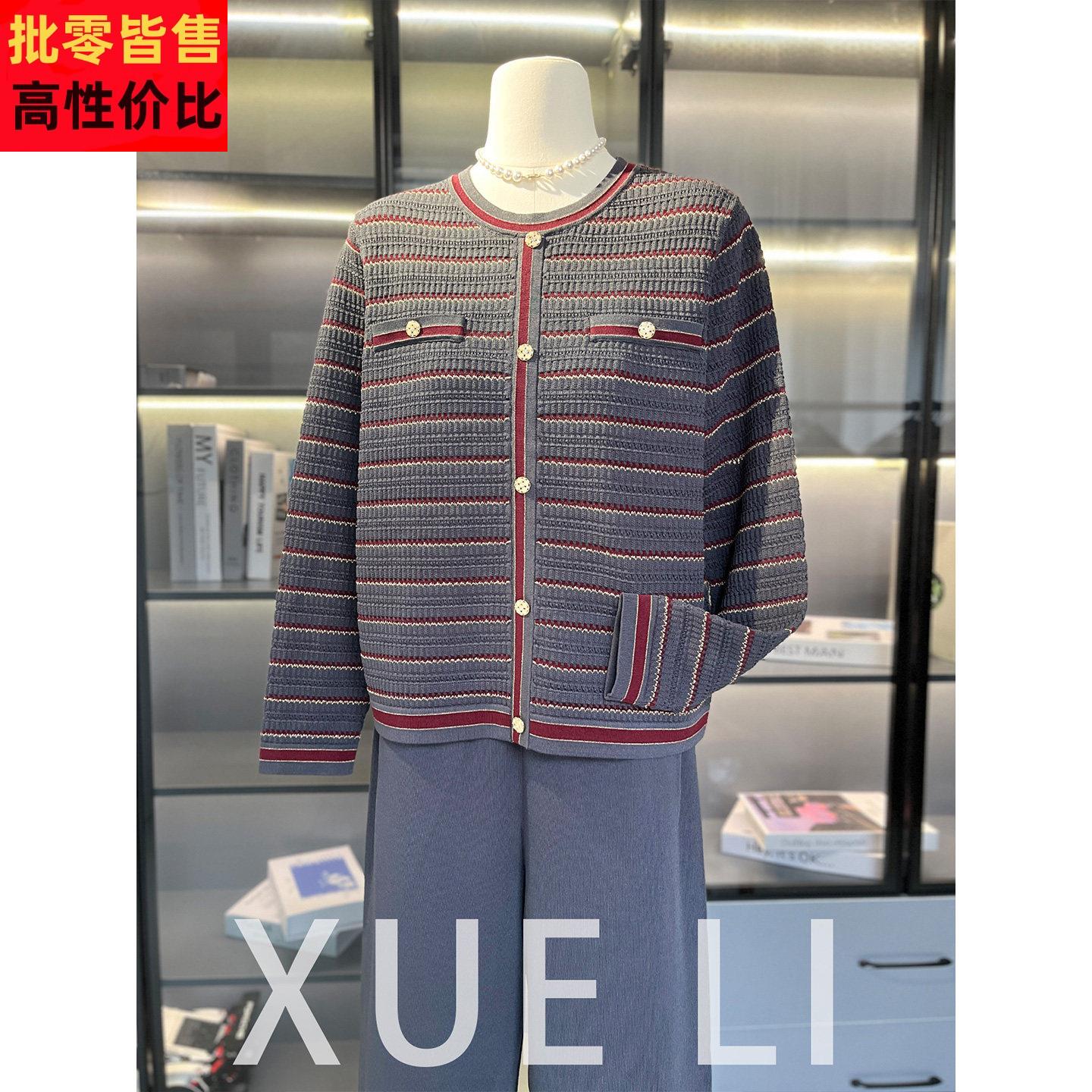 时尚洋派妈妈装针织衫套装女春装新款气质百搭中年妇女条纹两件套