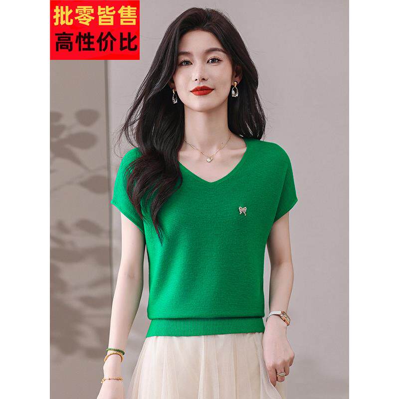 2025新款短袖冰丝t恤V领针织衫女夏季短款宽松洋气显瘦桑蚕丝上衣
