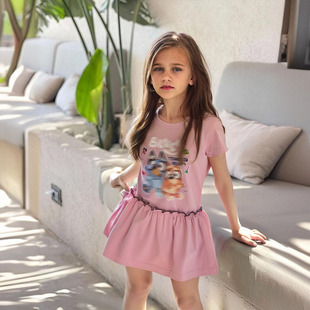 2026夏季新款女童卡通不鲁伊狗狗短袖连衣裙儿童拼色短款百褶裙棉