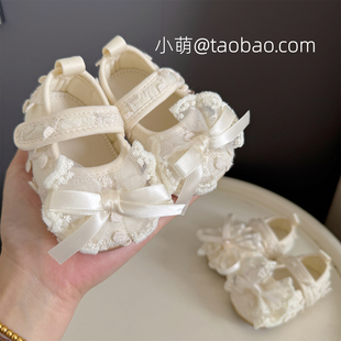 1周岁女宝宝可爱蕾丝蝴蝶结透气棉布百搭学步鞋 婴儿公主鞋 秋季