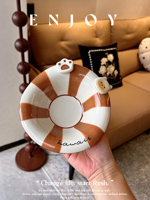 条纹猫咪釉下彩餐盘意面沙拉盘子