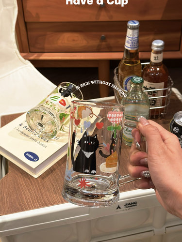 家用钠钙玻璃刻度把手啤酒对杯