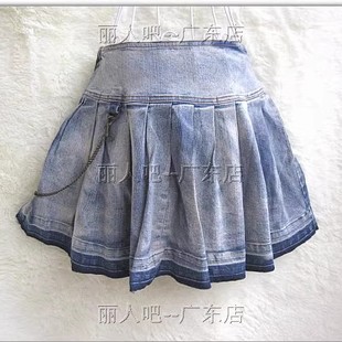 原单百褶刺绣绣花水洗磨白做旧铜链百折牛仔裙 正品 清仓韩版 女装